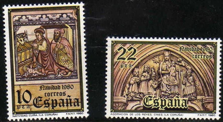 ESPAÑA 1980 2593/4 Sellos Nuevos Navidad Mural en Sta. Mª de Cuiña y portico Iglesia de Cins Oza de los Rios (Coruña) Espana Spain Espagne Spagna Spanje Spanien 